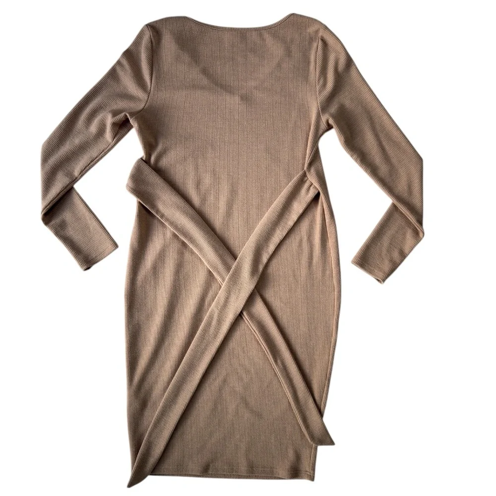 SHEIN Maternity Sweater Rib-Knit V Neck Belted Bodycon Dress Stretch Apricot L - Picture 5 of 12